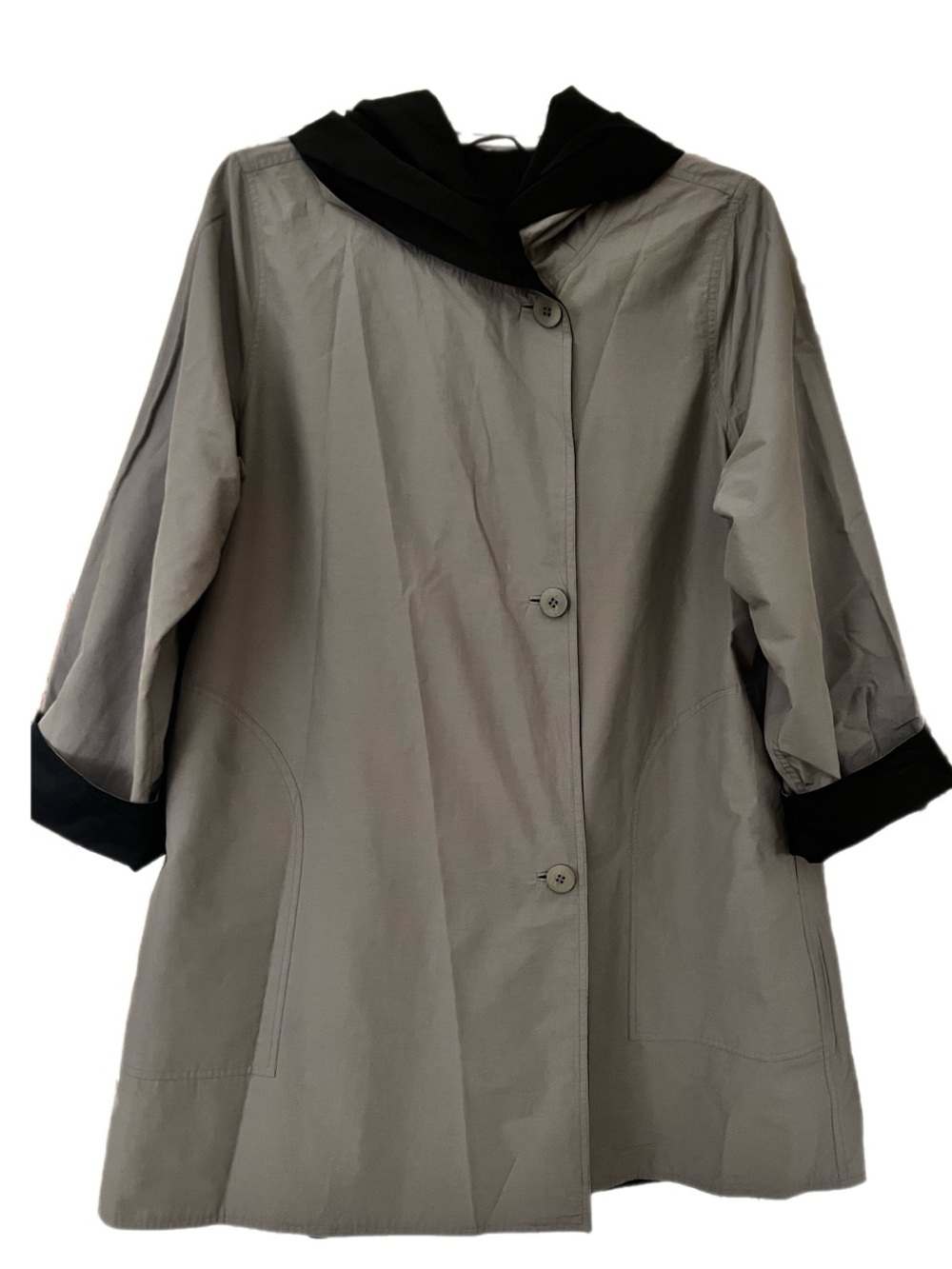 Eileen Fisher Gray Trench Coat with Black Hood and Cuffs